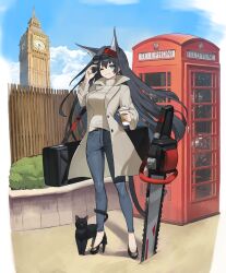 Rule 34 | 1girl, ;d, absurdres, alternate costume, animal, animal ears, aran sweater, arknights, arm up, bag, belt, black cat, black footwear, black hair, blaze (arknights), blue eyes, brown belt, bush, cable knit, cat, chainsaw, clock, clock tower, cloud, coat, cup, denim, disposable coffee cup, disposable cup, drink, earrings, elizabeth tower, eyewear on head, farewell (dpjp5277), fence, full body, grey coat, grey sweater, grin, hair between eyes, hairband, high heels, highres, holding, holding drink, jeans, jewelry, london, long hair, long sleeves, looking at viewer, one eye closed, open clothes, open coat, open mouth, pants, phone booth, plant, planted, planted chainsaw, red hairband, ribbed sweater, shoes, shoulder bag, smile, solo, standing, sunglasses, sweater, tower, turtleneck, turtleneck sweater, united kingdom, weapon