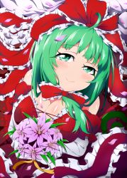 Rule 34 | 1girl, blush, bouquet, bow, breasts, bwell, cleavage, female focus, flower, frills, front ponytail, green eyes, green hair, hair bow, head tilt, kagiyama hina, large breasts, looking at viewer, matching hair/eyes, petals, ribbon, smile, solo, touhou
