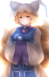 Rule 34 | 1girl, animal ears, animal hat, blonde hair, bloom, breasts, dress, fox ears, fox tail, hands in opposite sleeves, hat, highres, large breasts, light blush, mob cap, multiple tails, niwaniwatori, mob cap, short hair, simple background, smile, solo, tabard, tail, touhou, upper body, white background, white dress, yakumo ran, yellow eyes