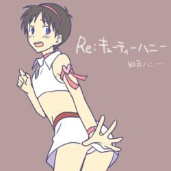 Rule 34 | 1boy, bare shoulders, blue eyes, blush, bracelet, brown hair, character name, company connection, copyright name, cosplay, crossdressing, cutie honey, eitoman, gainax, hairband, ikari shinji, jewelry, kisaragi honey, kisaragi honey (cosplay), looking back, lowres, male focus, neon genesis evangelion, open mouth, re: cutie honey, short hair, simple background, solo