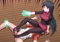 Rule 34 | 1girl, black hair, bottomless, breasts, chase (pokemon), closed mouth, creatures (company), dress, expressionless, feet, femdom, footjob, from above, game freak, hand up, highres, indoors, legs, long hair, looking down, lying, mackgee, medium breasts, nintendo, no shoes, pantyhose, penis, pokemon, pokemon lgpe, psychic, red eyes, sabrina (pokemon), sitting, sitting on face, sitting on person, sweat, thighs, toes, uncensored, wooden floor