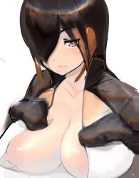 Rule 34 | 1girl, absurdres, black hair, breast rest, breast suppress, breasts, brown eyes, closed mouth, collarbone, eyes visible through hair, gloves, hair over one eye, hands on own chest, headphones, highres, huge breasts, jacket, kemono friends, king penguin (kemono friends), long bangs, long hair, looking at viewer, multicolored hair, nipples, no bra, open clothes, orange hair, seductive smile, shibori kasu, sketch, smile, solo, unzipped, upper body, zipper