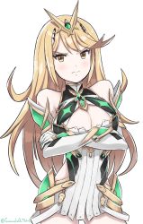 Rule 34 | &gt;:(, 1girl, armor, bare shoulders, blonde hair, blush, breasts, cleavage cutout, clothing cutout, crossed arms, elbow gloves, flipped hair, gloves, grimmelsdathird, highres, large breasts, long hair, looking at viewer, mythra (xenoblade), nintendo, solo, tiara, tsundere, upper body, v-shaped eyebrows, xenoblade chronicles (series), xenoblade chronicles 2, xenoblade chronicles (series), xenoblade chronicles 2, yellow eyes