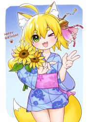 Rule 34 | &gt; o, 1girl, :3, ahoge, animal ear fluff, animal ears, bell, blonde hair, blue kimono, bouquet, character request, chinese commentary, commentary request, copyright request, cowboy shot, english text, euthan, fang, flat chest, floral print, floral print kimono, floral print sash, flower, fox ears, fox girl, fox tail, green eyes, hair bell, hair ornament, happy birthday, highres, hikimayu, holding, holding bouquet, japanese clothes, kimono, no nose, obi, one eye closed, open mouth, pink sash, sash, short hair, short kimono, solo, sunflower, tail, wide sleeves