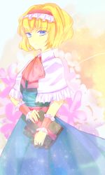 Rule 34 | 1girl, alice margatroid, ascot, blonde hair, blue dress, blue eyes, book, capelet, dress, grimoire, grimoire of alice, hairband, highres, holding, holding book, knora, sash, short hair, touhou, wrist cuffs