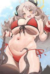 Rule 34 | 1girl, bikini, blue archive, blush, breasts, brown eyes, brown hair, from below, halo, highres, horns, izumi (blue archive), izumi (swimsuit) (blue archive), large breasts, nail polish, navel, nekoshoko, octopus, open mouth, outdoors, red bikini, red nails, side-tie bikini bottom, smile, swimsuit, tentacles, thighs, underboob