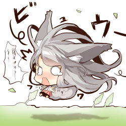 Rule 34 | ^^^, 1girl, absurdly long hair, afterimage, animal ears, bare arms, barefoot, blush, chibi, flailing, flying, fox ears, fox girl, fox tail, long hair, nose blush, o o, open mouth, original, outdoors, pink skirt, pleated skirt, shirt, silver hair, skirt, sleeveless, sleeveless shirt, solo, tail, teardrop, translation request, very long hair, white background, white shirt, window, yuuji (yukimimi)