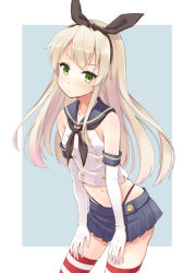Rule 34 | 10s, 1girl, black panties, blonde hair, blush, elbow gloves, gloves, green eyes, hairband, hands on thighs, hyuuga azuri, kantai collection, long hair, looking at viewer, midriff, navel, panties, personification, shimakaze (kancolle), skirt, solo, striped clothes, striped thighhighs, thighhighs, underwear, white gloves, zettai ryouiki