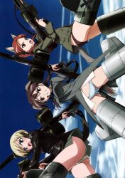 Rule 34 | 3girls, :o, absurdres, ahoge, angry, animal ears, ass, back-to-back, black hair, blue eyes, blue panties, blush, brown eyes, buttons, clenched teeth, cloud, day, dog ears, dog girl, dog tail, drum magazine, dual wielding, erica hartmann, exif rotation, fighting stance, flying, gertrud barkhorn, gluteal fold, groin, gun, hair ribbon, highres, holding, long hair, long sleeves, looking at viewer, low twintails, lowleg, lowleg panties, machine gun, magazine (weapon), mecha musume, mg42, military, military uniform, minna-dietlinde wilcke, multicolored hair, multiple girls, navel, no pants, official art, open mouth, outdoors, panties, photoshop (medium), purple hair, purple panties, red eyes, red hair, ribbon, scan, shirt, short hair, sky, spread legs, strap, strike witches, striker unit, tail, takamura kazuhiro, teeth, twintails, two-tone hair, underwear, uniform, v-shaped eyebrows, weapon, white panties, wolf ears, wolf girl, world witches series