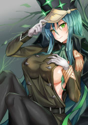 Rule 34 | 1girl, absurdres, alchemy stars, belt, black legwear, black pants, breasts, closed mouth, deogho (liujinzy9854), gloves, gold trim, gradient background, green eyes, hair between eyes, hand on own chest, hat, hat tip, heterochromia, highres, jacket, jacket on shoulders, korean commentary, large breasts, long hair, long sleeves, open clothes, pants, shiny skin, shirt, sideboob, sidelocks, smile, solo, split mouth, tassel, taut clothes, taut shirt, tree, uniform, white gloves, yellow eyes