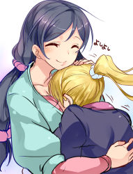 Rule 34 | 10s, 2girls, ajishio, ayase eli, between breasts, blonde hair, blush, breast smother, breasts, casual, closed eyes, face between breasts, hand on another&#039;s head, head between breasts, hug, long hair, love live!, love live! school idol festival, love live! school idol project, multiple girls, headpat, ponytail, purple hair, smile, tojo nozomi, twintails, yuri