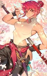 Rule 34 | 1girl, artist name, bag, breasts, cherry blossoms, double bun, dougi, fishnet armwear, fishnets, hair between eyes, hair bun, hand on own hip, highres, holding, holding weapon, knife, large breasts, morry, original, petals, pink eyes, pink hair, sheath, sheathed, shirt, short hair, sleeveless, solo, staff, tree, weapon, weapon on back, white shirt