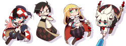 Rule 34 | 2boys, 2girls, 7th dragon, 7th dragon (series), :o, animal ear fluff, animal ears, black-framed eyewear, black eyes, black hair, blonde hair, blue eyes, blue hair, blunt bangs, blush, book, boots, breasts, brown cape, brown footwear, bubble skirt, cape, checkered cape, checkered clothes, checkered headwear, chibi, closed mouth, drop shadow, frilled skirt, frills, glasses, glast (7th dragon), green eyes, hat, holding, holding book, ikurakun (7th dragon), knee boots, long hair, long sleeves, mage (7th dragon), multiple boys, multiple girls, naga u, open mouth, pants, parted lips, pince-nez, puffy pants, semi-rimless eyewear, sharuru (7th dragon), shirt, short eyebrows, skirt, small breasts, smile, striped clothes, striped pants, striped skirt, thick eyebrows, under-rim eyewear, vanessa (7th dragon), vertical-striped clothes, vertical-striped pants, vertical-striped skirt, very long hair, white background, white hair, white shirt