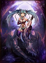 Rule 34 | 1girl, aqua eyes, aqua hair, bad id, bad pixiv id, dragon, elbow gloves, garter straps, gloves, halo, hatsune miku, highres, long hair, open mouth, ramudayajirushi, revision, riding, sitting, solo, thighhighs, twintails, vocaloid, wings
