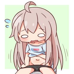 Rule 34 | 1girl, ahoge, black panties, blush, brown hair, clothes lift, collarbone, commentary request, flying sweatdrops, genderswap, genderswap (mtf), green background, grey shirt, groin, hana kazari, highres, lifting own clothes, long hair, navel, off shoulder, onii-chan wa oshimai!, open mouth, oyama mahiro, panties, panty pull, revision, shirt, shirt lift, sitting, solo, toilet, two-tone background, underwear, very long hair, wavy mouth, white background