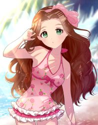 Rule 34 | 1girl, beach, blurry, blurry background, blush, bow, breasts, day, floral print, frilled one-piece swimsuit, frilled swimsuit, frills, green eyes, ich., idolmaster, idolmaster cinderella girls, kusakabe wakaba, lens flare, long hair, one-piece swimsuit, outdoors, pink bow, pink one-piece swimsuit, small breasts, solo, standing, sunlight, swimsuit, very long hair, wavy hair