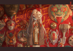 Rule 34 | 1girl, antlers, beads, bracelet, feet out of frame, furisode, holding, holding mask, horns, japanese clothes, jewelry, kimono, letterboxed, long hair, looking at viewer, magic circle, mask, unworn mask, monkey mask, nanahara shie, noh mask, obi, one eye covered, oni, oni horns, oni mask, original, red background, red eyes, sash, solo, standing, striped, talisman, tassel, vertical stripes, very long hair