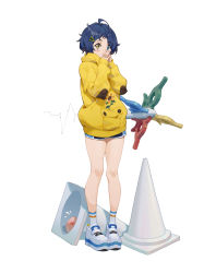 Rule 34 | 1girl, absurdres, blue eyes, blue hair, cheese kang, commentary, crack, egg, hair ornament, hairclip, hands up, heterochromia, highres, hood, hoodie, jacket, looking at viewer, ooto ai, shoes, short hair, short shorts, shorts, simple background, sneakers, socks, solo, traffic cone, white background, white footwear, white socks, wonder egg priority, yellow eyes, yellow hoodie, yellow jacket