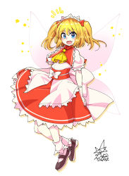 Rule 34 | 1girl, :d, ascot, black footwear, blonde hair, blouse, blue eyes, bobby socks, commentary request, contrapposto, fairy wings, fang, full body, hair between eyes, hair ribbon, headdress, highres, holding, holding clothes, holding skirt, medium hair, open mouth, partial commentary, petticoat, puffy short sleeves, puffy sleeves, red ribbon, red sash, red skirt, ribbon, sash, shirt, short sleeves, signature, simple background, skin fang, skirt, smile, socks, solo, standing, sunny milk, touhou, two side up, umigarasu (kitsune1963), white background, white shirt, white socks, wings, yellow ascot