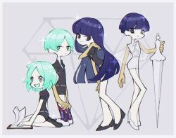 Rule 34 | 4others, :d, age progression, androgynous, aqua eyes, aqua hair, aqua nails, bad id, bad pixiv id, belt, black footwear, black shirt, blue eyes, blue hair, blunt bangs, bowl cut, clipboard, collared shirt, colored skin, contrapposto, crystal hair, expressionless, gem (symbol), gem uniform (houseki no kuni), glint, gold, golden arms, heterochromia, holding, holding sword, holding weapon, houseki no kuni, huge weapon, kneeling, kohaku 989, leaning forward, light smile, loafers, long hair, long sleeves, looking afar, looking at viewer, looking to the side, moon uniform (houseki no kuni), multiple others, multiple persona, nail polish, necktie, open mouth, other focus, panty &amp; stocking with garterbelt, parody, parted bangs, phosphophyllite, phosphophyllite (ll), puffy short sleeves, puffy sleeves, see-through, see-through sleeves, seiza, shirt, shoes, short hair, short jumpsuit, short shorts, short sleeves, shorts, sitting, smile, sparkle, straight hair, striped, style parody, sword, weapon, white belt, white shirt, white skin, white uniform, wide sleeves