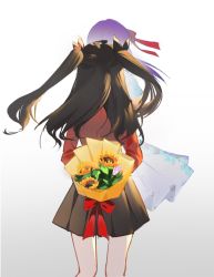 Rule 34 | 2girls, amiably 02, back, black hair, black skirt, bouquet, commentary request, cowboy shot, dress, fate/hollow ataraxia, fate/stay night, fate (series), flower, gradient background, hair ribbon, highres, holding, holding bouquet, holding flower, long hair, long sleeves, matou sakura, multiple girls, pleated skirt, purple hair, red ribbon, red sweater, ribbon, siblings, sisters, skirt, sweater, tohsaka rin, two side up, white dress