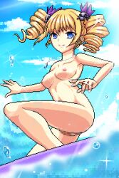Rule 34 | 1girl, blonde hair, blue eyes, breasts, closed mouth, drill hair, highres, hinotori181, koihime musou, nipples, nude, outdoors, pixel art, pussy, small breasts, smile, solo, sousou (koihime musou), surfboard, surfing, twin drills