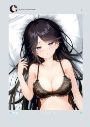 Rule 34 | 1girl, absurdres, bare shoulders, bed sheet, black bra, black hair, blue eyes, blush, bra, breasts, cleavage, collarbone, fingernails, hand up, highres, long hair, looking at viewer, lying, medium breasts, mizusawa suzuka, on back, original, parted lips, pillow, scan, senji (tegone spike), shiny skin, simple background, solo, underwear, upper body