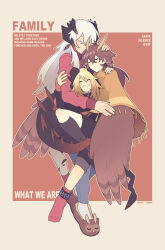 Rule 34 | 3girls, absurdres, arkiwi, arknights, black shorts, black socks, blonde hair, brown hair, closed eyes, closed mouth, commentary, dragon girl, dragon horns, dragon tail, earrings, english commentary, english text, feather hair, feathered wings, grin, hand on another&#039;s head, hand on another&#039;s shoulder, highres, horns, hug, ifrit (arknights), jewelry, long hair, long sleeves, material growth, multiple girls, orange nails, oripathy lesion (arknights), pink sweater, red socks, saria (arknights), shorts, silence (arknights), slippers, smile, socks, sweater, tail, white hair, wings