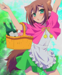 Rule 34 | 1boy, animal ears, apron, baka to test to shoukanjuu, basket, blush, brown hair, crossdressing, green eyes, grimm&#039;s fairy tales, hair ornament, hairclip, highres, kinoshita hideyoshi, little red riding hood, little red riding hood (grimm), male focus, screencap, short hair, skirt, solo, stitched, tail, third-party edit, trap, wolf ears, wolf tail