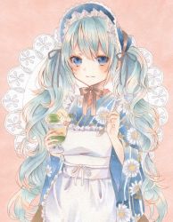 Rule 34 | :3, apron, aqua hair, blue hair, blue headwear, blue kimono, bonnet, brown ribbon, closed mouth, doily, floral print, food, frilled apron, frilled bonnet, frills, grey ribbon, hair between eyes, hatsune miku, highres, holding, holding food, japanese clothes, kimono, long sleeves, marker (medium), parfait, paruno, pink background, ribbon, smile, solo, traditional media, twintails, vocaloid, white apron, wide sleeves