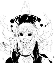 Rule 34 | 1girl, abukawa honpo, belt, chinese clothes, crescent, dress, energy, fingernails, greyscale, hair between eyes, hands up, hat, highres, junko (touhou), long fingernails, long hair, long sleeves, looking up, monochrome, nail polish, open mouth, phoenix crown, pom pom (clothes), simple background, smile, solo, tabard, teeth, tongue, touhou, wavy hair, white background, wide sleeves