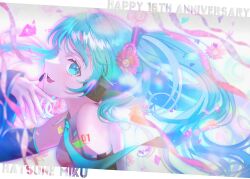 1girl :d aqua_eyes aqua_hair arm_tattoo black_sleeves breasts character_name collared_shirt commentary confetti detached_sleeves fang flower grey_shirt haduki_tohru hair_flower hair_ornament happy_anniversary hatsune_miku headset highres long_sleeves number_tattoo open_mouth pink_flower shirt sleeveless sleeveless_shirt smile solo streamers tattoo tongue twintails vocaloid