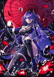 Rule 34 | 1girl, acheron (honkai: star rail), armor, belt, black belt, black choker, black gloves, black shorts, boots, breasts, choker, cleavage, coat, commentary request, criss-cross halter, eyes visible through hair, eyeshadow, flower, gloves, hair ornament, hair over one eye, halterneck, highres, holding, holding sword, holding weapon, honkai: star rail, honkai (series), knee boots, large breasts, long hair, looking at viewer, makeup, midriff peek, multicolored hair, oil-paper umbrella, on one knee, parted lips, pink lips, purple eyes, purple hair, rain, red eyeshadow, red flower, red petals, scabbard, sheath, shorts, shoulder armor, signature, single bare shoulder, single knee boot, single thigh boot, solo, splashing, streaked hair, sushi umi, sword, thigh boots, thighs, twitter username, umbrella, very long hair, water, water drop, weapon, white coat