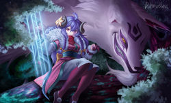 Rule 34 | 1girl, absurdres, ahoge, alternate costume, alternate hair color, alternate hairstyle, artist name, bow, braid, commentary request, flower, forest, gloves, hair between eyes, hair bow, hair flower, hair ornament, highres, horns, in tree, kindred (league of legends), korean commentary, lamb (league of legends), league of legends, long hair, looking at viewer, nature, official alternate costume, official alternate hairstyle, outdoors, purple eyes, purple hair, red gloves, signature, sitting, sitting in tree, spirit blossom kindred, tree, tuhua shouluo (dohwasura), twin braids, wolf (league of legends), yellow bow