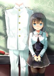 Rule 34 | 10s, 1boy, 1girl, admiral (kancolle), asashio (kancolle), belt, black hair, black pantyhose, blue eyes, blush, commentary request, dress, hand on another&#039;s shoulder, highres, jewelry, kantai collection, long hair, long sleeves, looking at viewer, military, military uniform, miyabi (miyabi), naval uniform, neck ribbon, open mouth, out of frame, pantyhose, pinafore dress, red ribbon, ribbon, ring, skirt, sleeveless, sleeveless dress, smile, uniform, wedding band