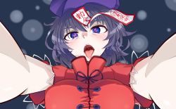 Rule 34 | 1girl, bare arms, beret, blush, breasts, commentary request, foreshortening, hat, heart, heart-shaped pupils, high collar, highres, jiangshi, looking at viewer, miyako yoshika, ofuda, open mouth, outstretched arms, purple eyes, purple hair, ringed eyes, shirt, short hair, short sleeves, solo, symbol-shaped pupils, taut clothes, taut shirt, tongue, tongue out, touhou, tsukidaruma, upper body