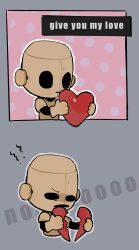 Rule 34 | 1other, absurdres, android, anyu0, broken heart, brown gloves, comic, cropped torso, don&#039;t starve, english text, gloves, grey background, heart, highres, holding, holding heart, hollow eyes, outline, outside border, outstretched arms, pink background, polka dot, polka dot background, uneven eyes, white outline, wx-78