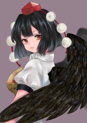 Rule 34 | 1girl, absurdres, bird wings, black hair, black wings, closed mouth, collared shirt, cropped torso, eyelashes, feathered wings, hat, highres, leaf print, looking at viewer, looking back, pom pom (clothes), puffy short sleeves, puffy sleeves, purple background, red eyes, red hat, shameimaru aya, shirt, short sleeves, solo, tokin hat, touhou, white shirt, wings