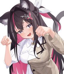 Rule 34 | 1girl, @ @, ai (u e o o), animal ear fluff, animal ears, azki (4th costume) (hololive), azki (hololive), black hair, blush, breasts, cat ears, cat girl, cat tail, colored inner hair, dress, fang, hair between eyes, hair intakes, hair ornament, hairclip, hands up, highres, hololive, large breasts, long hair, looking at viewer, multicolored hair, official alternate costume, open mouth, pink hair, purple eyes, simple background, skin fang, smile, solo, streaked hair, tail, upper body, virtual youtuber, white background, white dress, white hair