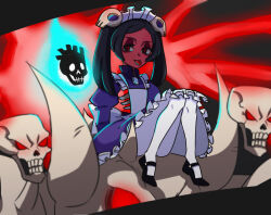 Rule 34 | 1girl, alternate color, black hair, bloody marie (skullgirls), bone, brooch, colored skin, hair ornament, jewelry, kyouhei hei, maid headdress, mary janes, pantyhose, red skin, shoes, sitting, skeleton, skull, skull hair ornament, skull heart, skullgirls, solo, tongue, tongue out, twintails