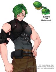 Rule 34 | 1boy, ahoge, arm pouch, arm strap, belt, belt pouch, black pouch, black shirt, black straps, brown pants, character name, clenched hand, commentary request, cowboy shot, dimples, food, fruit, furrowed brow, green hair, hand on own hip, humanization, layered clothes, layered shirt, looking to the side, male focus, melon, melon-pult, muscular, muscular arms, muscular male, pants, pectorals, personification, plants vs zombies, pouch, scar, scar across the face, scar on chest, scar on face, scar on forehead, scar on nose, shirt, short hair, simple background, skin tight, skin tight clothing, sleeveless, smile, strap, tagme, tank top, teeth, toned, toned male, toned stomach, turtleneck, turtleneck shirt, watermelon, white background, white eyes