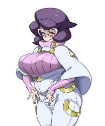 10s 1girl breasts creatures_(company) female_focus game_freak glasses green_eyes huge_breasts licking_lips nintendo numahana pokemon pokemon_sm purple_hair solo tongue tongue_out wicke_(pokemon)