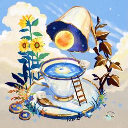 Rule 34 | . ., artist name, blue sky, cloud, commentary request, cup, drink, fishing, fishing rod, flower, food, food focus, full moon, holding, holding fishing rod, issiki toaki, ladder, moon, no humans, original, plant, reflection, reflective water, saucer, scenery, sky, spoon, star (sky), star (symbol), starry sky, sugar cube, sunflower, tea, teacup, twitter username, yellow flower