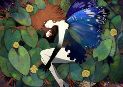 Rule 34 | 1girl, absurdres, brown hair, commentary, english commentary, fingernails, gradient skin, green eyes, highres, knees up, leaf, long hair, looking at viewer, oniku kui tai, original, solo, wings