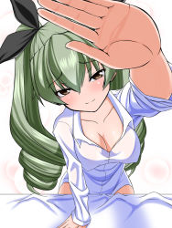 Rule 34 | 10s, 1girl, anchovy (girls und panzer), bad perspective, blouse, breasts, collarbone, drill hair, girls und panzer, green hair, half-closed eyes, leaning forward, long hair, looking at viewer, medium breasts, reaching, reaching towards viewer, red eyes, shirt, smile, solo, twin drills, twintails, upper body, white shirt, yasha (artist), yasha (endless requiem)