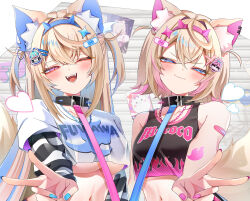 2girls absurdres alternate_costume animal_ear_fluff animal_ears bandaid bandaid_on_arm belt_collar black_collar black_shirt blonde_hair blue_eyes blue_hair blue_nails breasts character_name closed_mouth clothes_writing collar crop_top cropped_shirt dog_ears dog_girl doom_yorusen fuwawa_abyssgard highres hololive hololive_english large_breasts mococo_abyssgard multicolored_hair multiple_girls nail_polish navel one_eye_closed open_mouth pink_eyes pink_hair pink_nails shirt short_hair siblings sisters small_breasts smile spiked_collar spikes streaked_hair twins two_side_up underboob v virtual_youtuber white_shirt