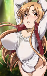 Rule 34 | 1girl, ass, asuna (sao), breasts, brown eyes, brown hair, covered erect nipples, explorador sei, female focus, large breasts, long hair, open mouth, solo, sword art online
