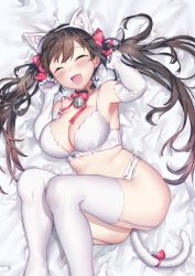 Rule 34 | 1girl, animal ears, bell, blush, bow, bra, breasts, brown hair, cat ears, cat tail, cleavage, elbow gloves, fake animal ears, fang, gloves, headband, highres, kirisaki shuusei, long hair, original, solo, tail, thighhighs, twintails, underwear, white background