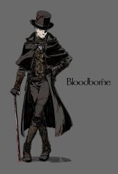 Rule 34 | 1boy, absurdres, black capelet, black coat, black hat, blood, blood on clothes, bloodborne, boots, brown footwear, brown gloves, brown pants, cane, capelet, coat, commentary request, copyright name, crossed legs, facial hair, gloves, goatee, grey background, hat, highres, hunter (bloodborne), kamezaemon, knee boots, looking at viewer, pants, simple background, smile, solo, standing, top hat, watson cross