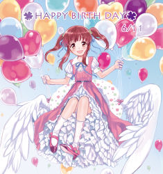Rule 34 | 10s, 1girl, amezawa koma, balloon, blush, brown eyes, brown hair, clover hair ornament, commentary request, dated, dress, four-leaf clover hair ornament, frills, hair ornament, hair ribbon, happy birthday, heart balloon, idolmaster, idolmaster cinderella girls, long hair, looking at viewer, ogata chieri, open mouth, ribbon, smile, solo, twintails